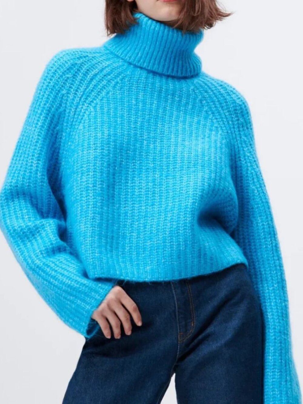 Zara Blue Crop Chunky Knit Turtleneck